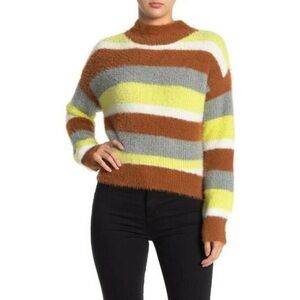 Striped Fuzzy Sweater‎ Medium Mock Neck Cropped Long Sleeve Cozy